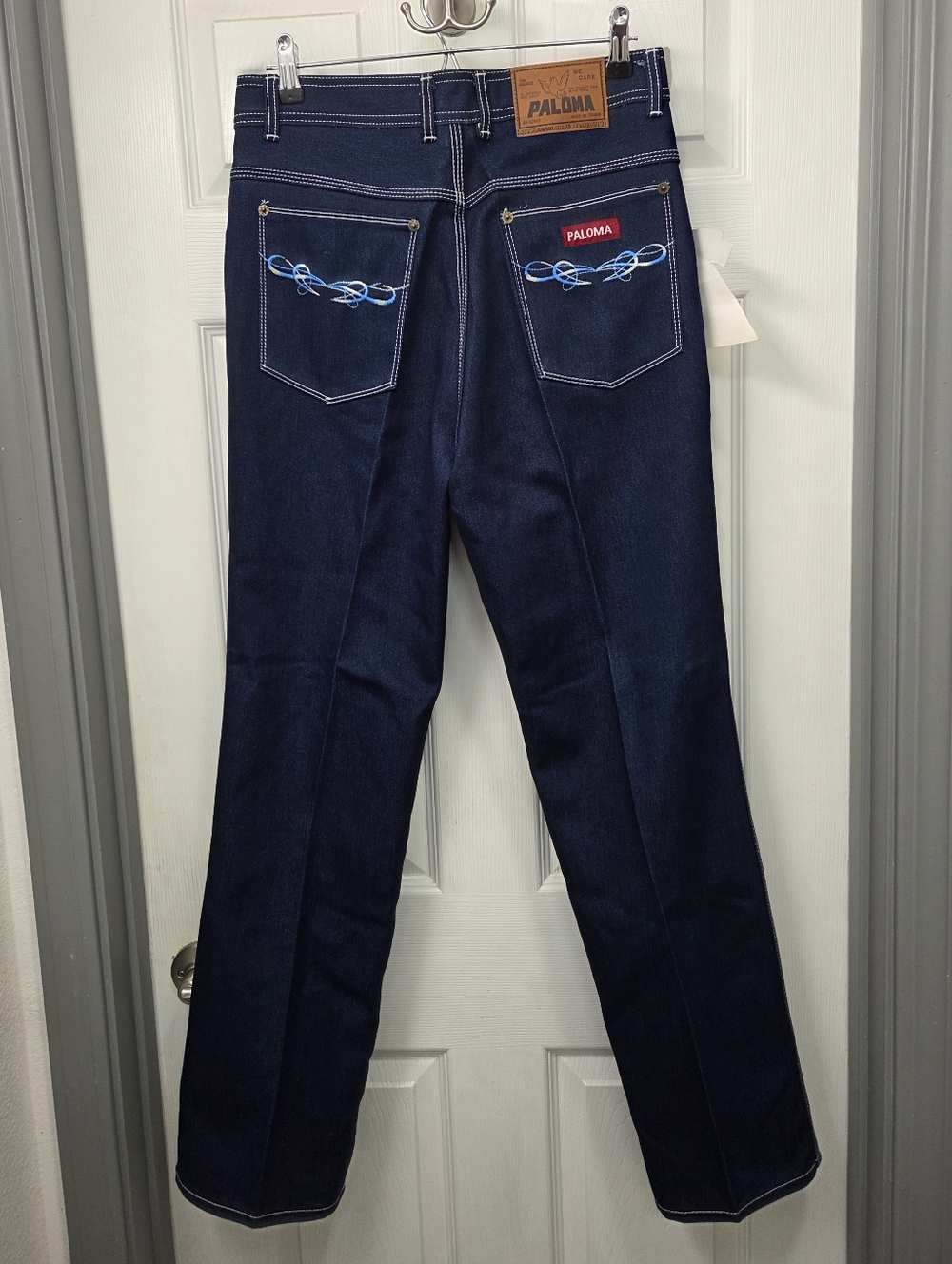 Vtg. Paloma Straight Jeans Dark Navy Embroidered Back Pocket White Stitching 15
